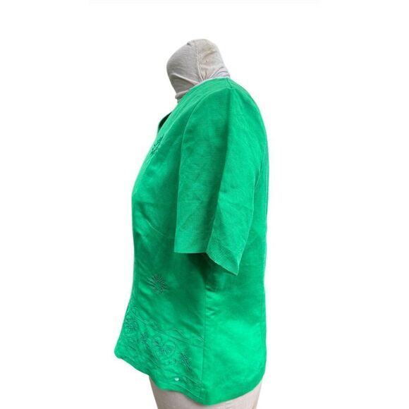 Kelly Green Linen Blend V-Neck Sht Slv Top by Halmode Petites Vintage Sz. 12 - Picture 5 of 10